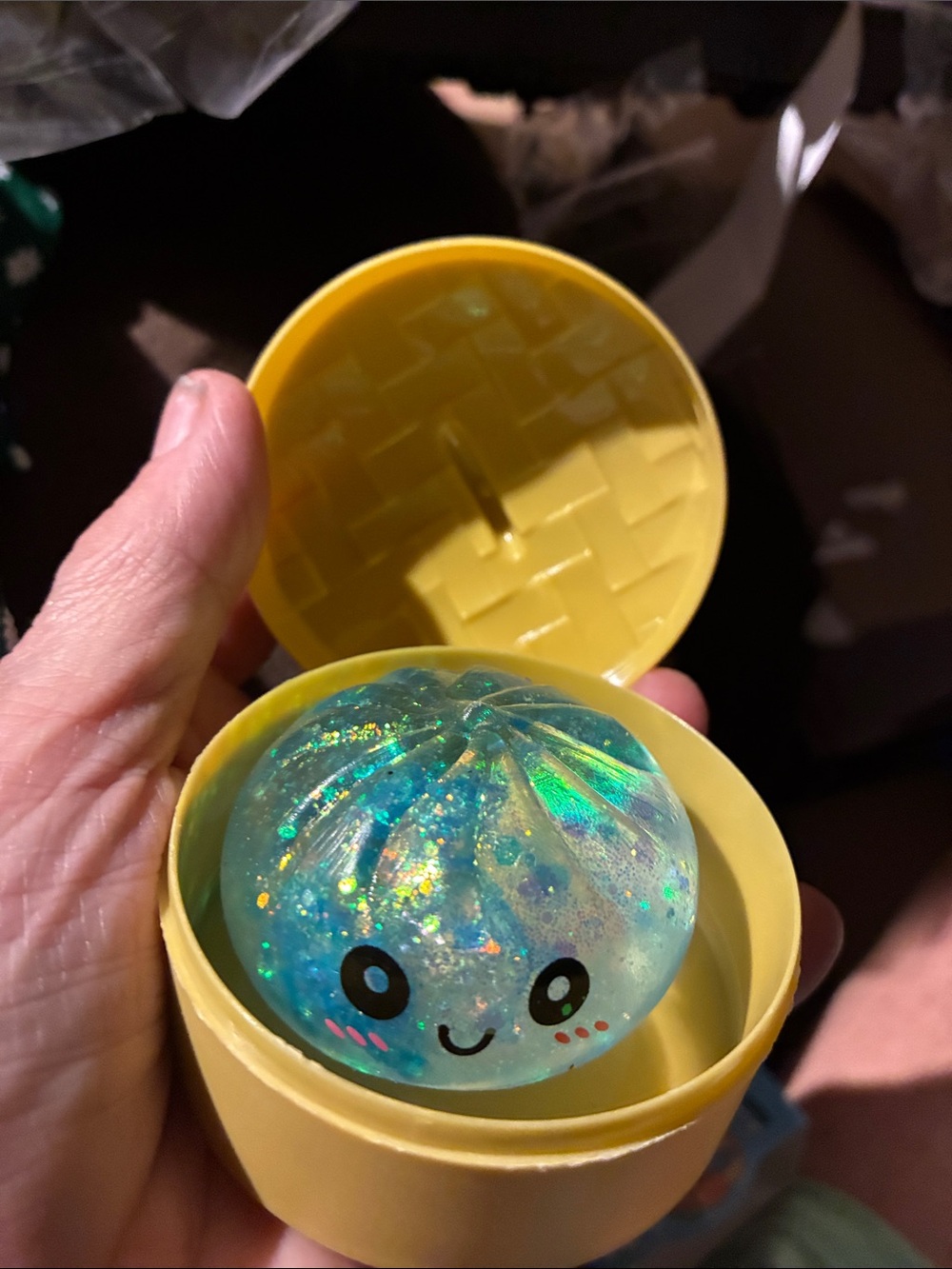 Mini squishy bun Blue Glitter Kawaii Squishy Toy in Yellow Case - Kids Toys